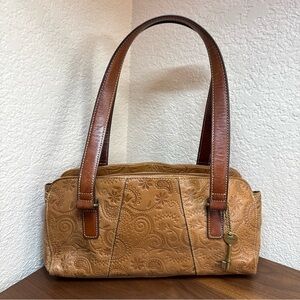 Vintage Fossil Tooled Floral Leather Brown Double Handles Purse Satchel Baguette
